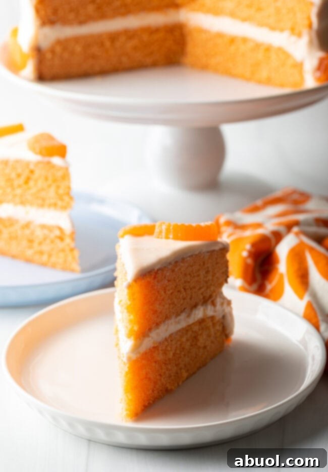 Slice of two layer orange crush cake recipe on a white plate. Cake is decorated with a few slices of mandarin oranges.