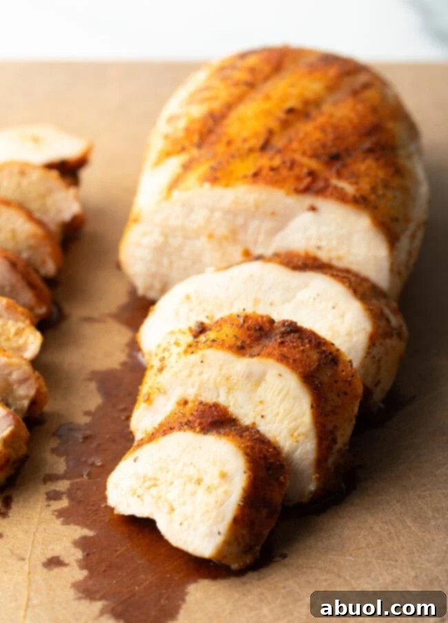 Close view of a smoked chicken breast on cutting board. Cooked poultry is sliced into 4 large pieces.