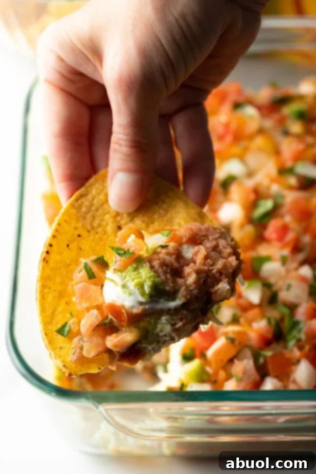 Close view of tortilla with a hand using a tortilla chip to scoop the dip.
