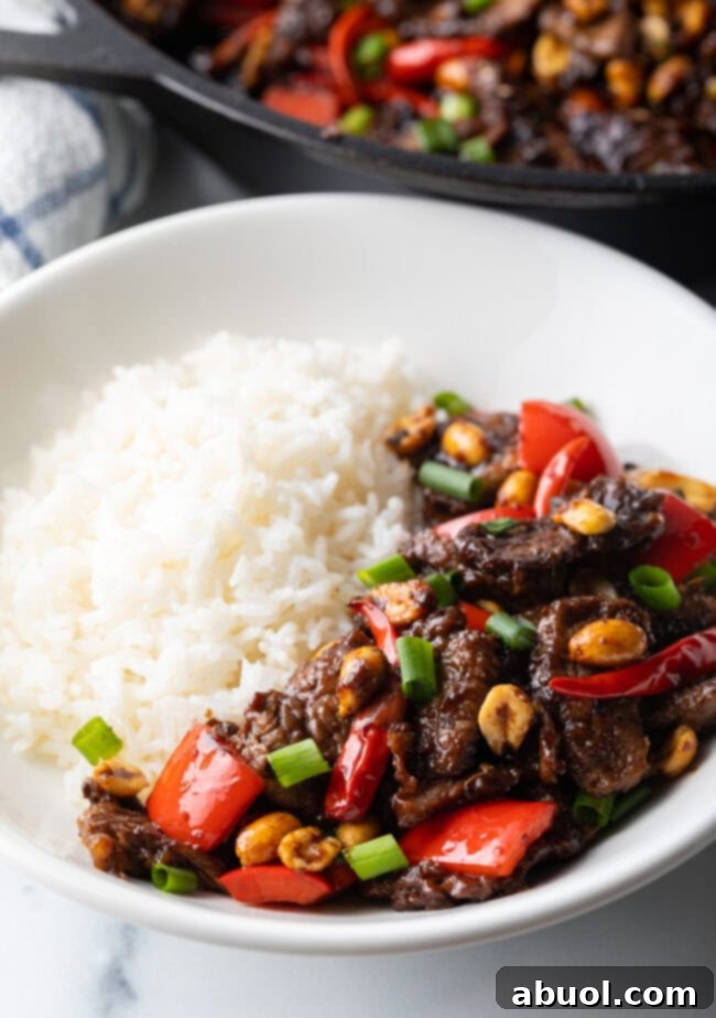 Kung Pao Beef Stir Fry beautifully arranged in a white bowl with a side of white rice.