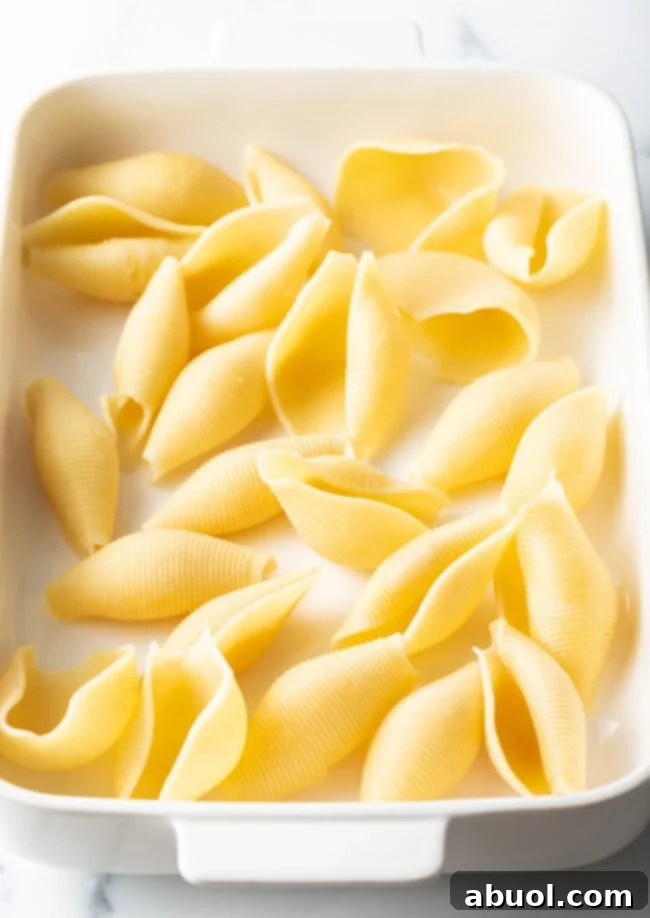 A close-up of perfectly boiled large pasta shells, ready for filling.