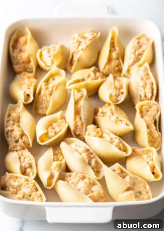 Top-down view of large raw shells stuffed generously with the crab and shrimp mixture.