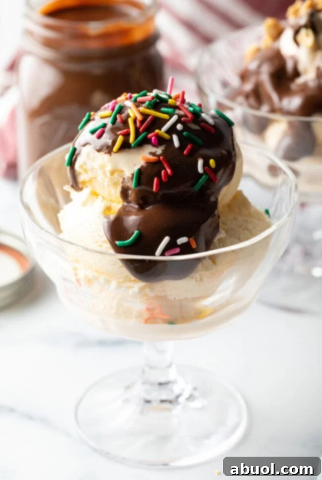 Glass dish with vanilla ice cream topped with the homemade fudge sauce and colorful sprinkles.