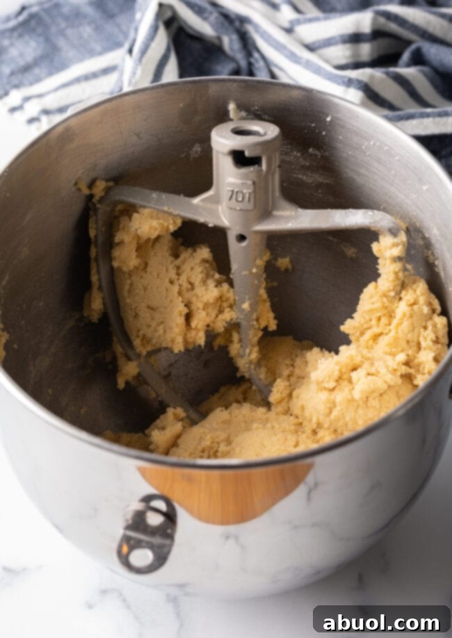 A metal standing mixer bowl fitted with a paddle attachment, containing freshly mixed pie dough, ready for shaping.