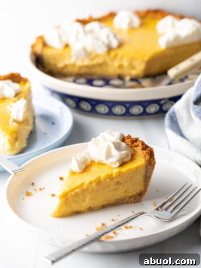 Slices of mango tart on a white plate, metal fork to the side.