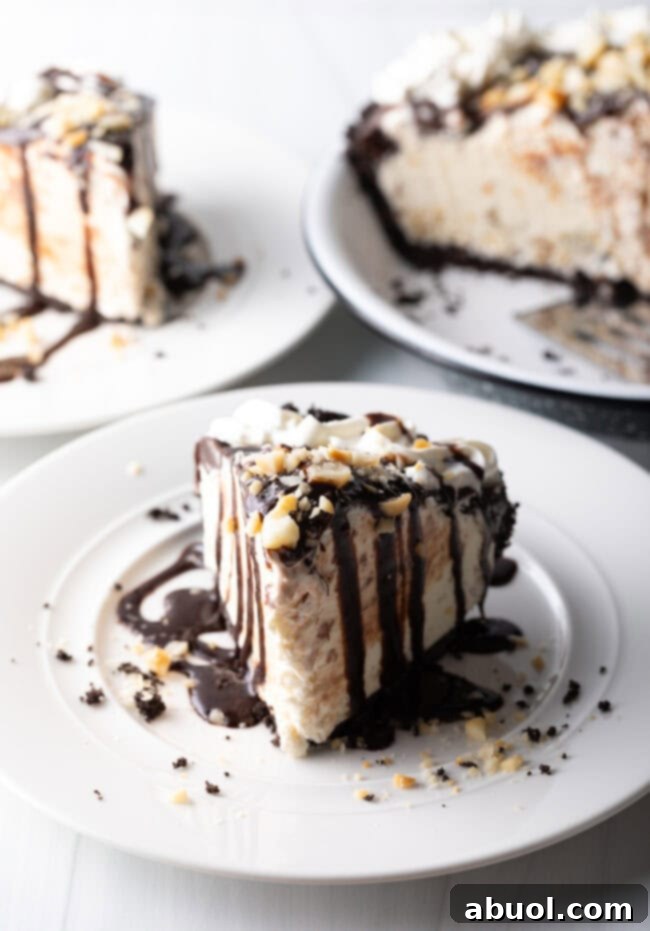 A perfectly sliced wedge of macadamia nut ice cream pie on a white plate, drizzled with hot fudge.