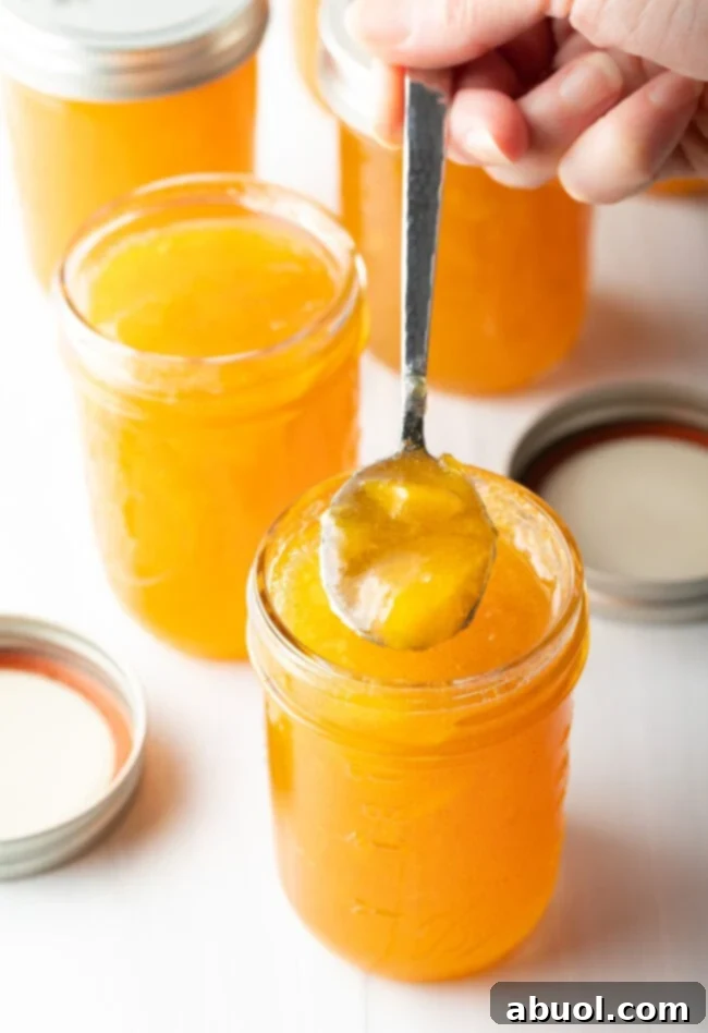 Close-up of a rustic glass jar of homemade peach jam with a metal spoon inside, showcasing the luscious texture and rich, golden color. Ready for tasting.
