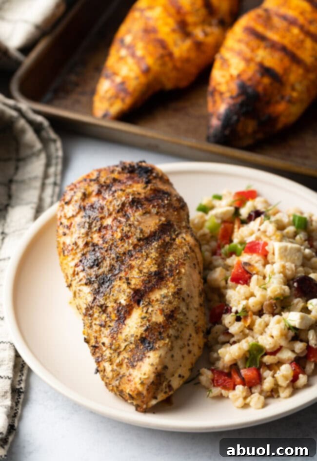 One perfectly grilled chicken breast, seasoned and resting on a white plate alongside a fresh and vibrant bean salad.
