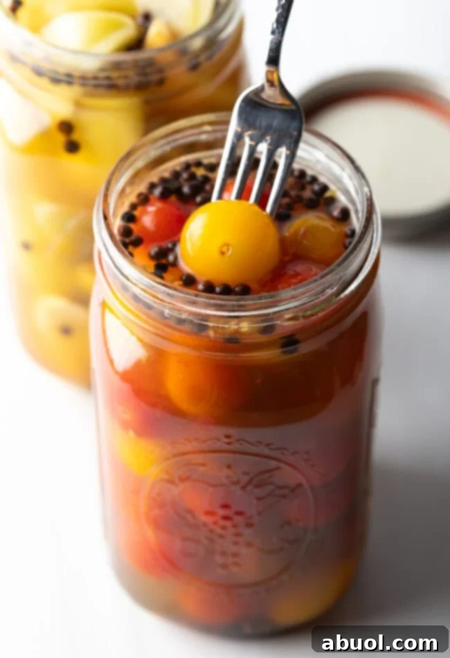 Fork taking a red cherry tomato from a large glass jar of pickling liquid.