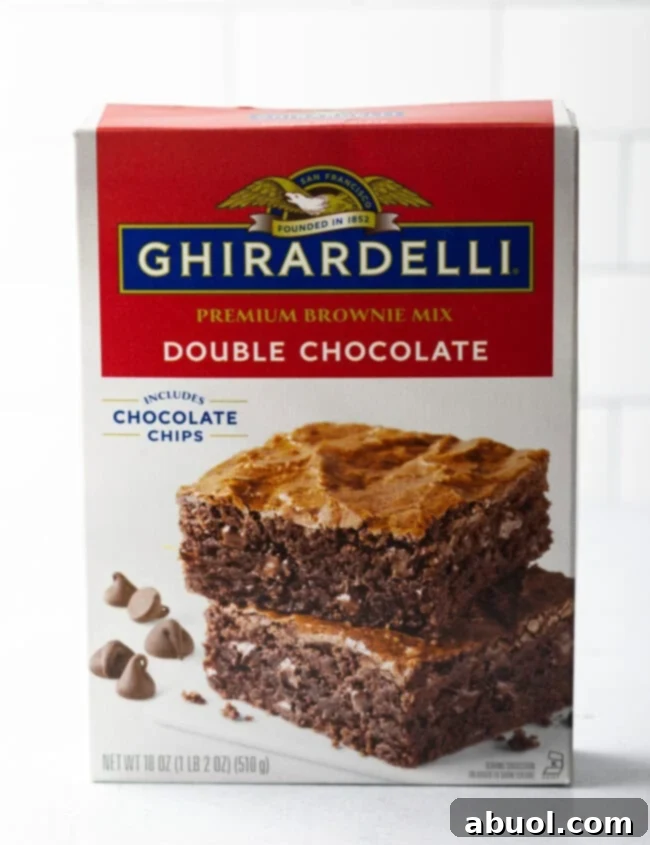 The front of a Ghirardelli Double Chocolate Brownie mix box, showcasing its rich imagery and branding.