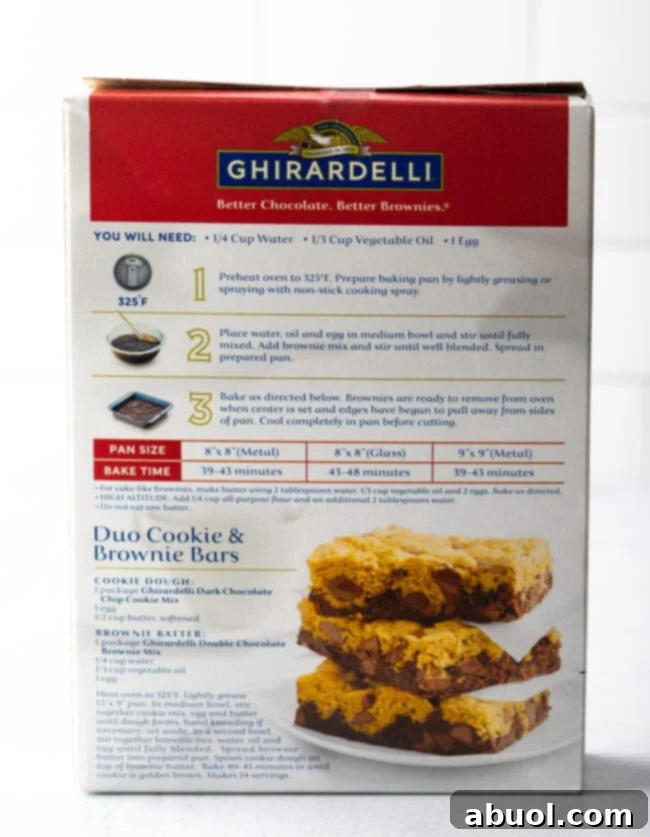 The back of a Ghirardelli brownie mix box, clearly displaying the nutritional information and basic preparation instructions.