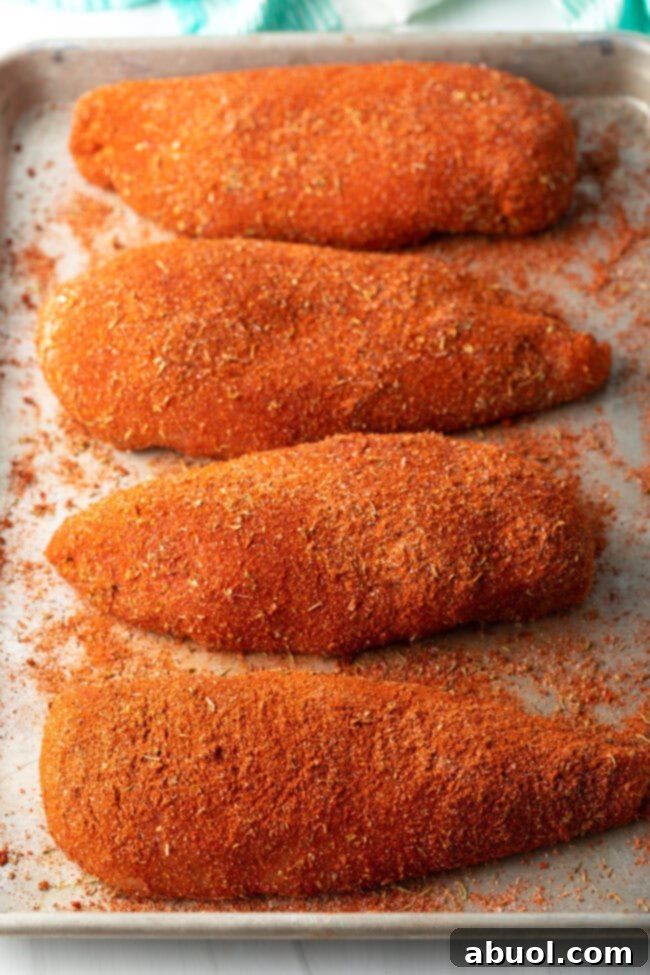 Four raw chicken breasts, generously seasoned with blackening spice, neatly arranged on a baking sheet, ready for cooking.