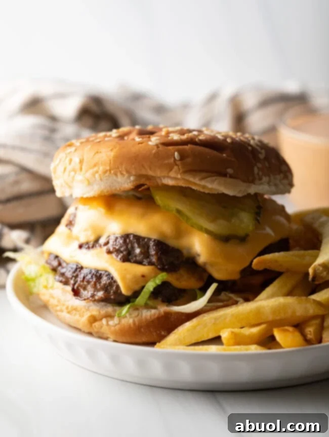 Double patty stacked big Mac burger next to a serving of french fries on a white plate.