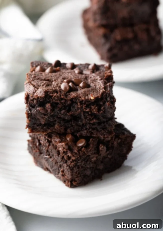 Power & Glow Collagen Brownies 11 Two rich protein collagen brownies stacked neatly on a pristine white plate.