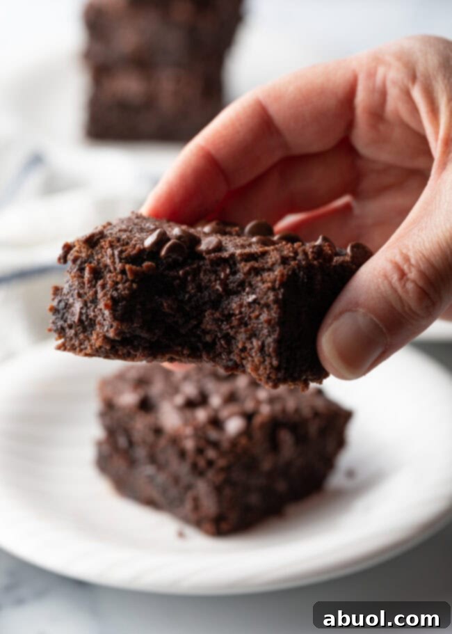 Power & Glow Collagen Brownies 12 Hand holding a fudgy brownie with a bite taken out, showcasing the moist, rich interior.