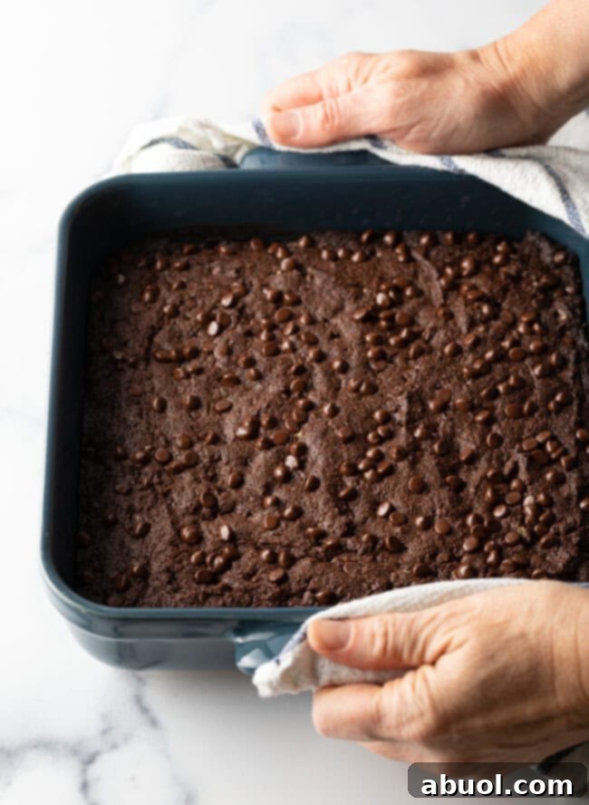 Power & Glow Collagen Brownies 9 Hand holding a square pan of freshly baked brownies, dotted with melted chocolate chips.