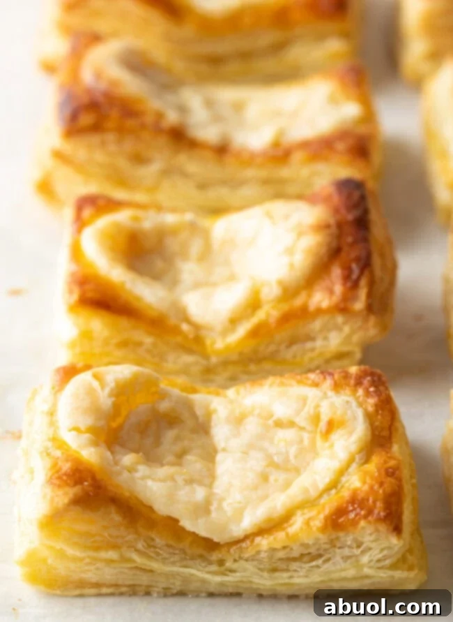 Rows of cheese danish Starbucks recipe freshly baked on a baking sheet, golden and inviting.