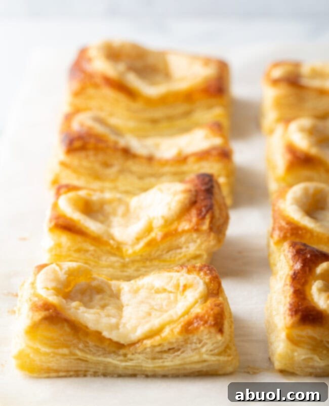 Rows of freshly baked Starbucks-style cheese danishes on a baking sheet, golden and inviting.