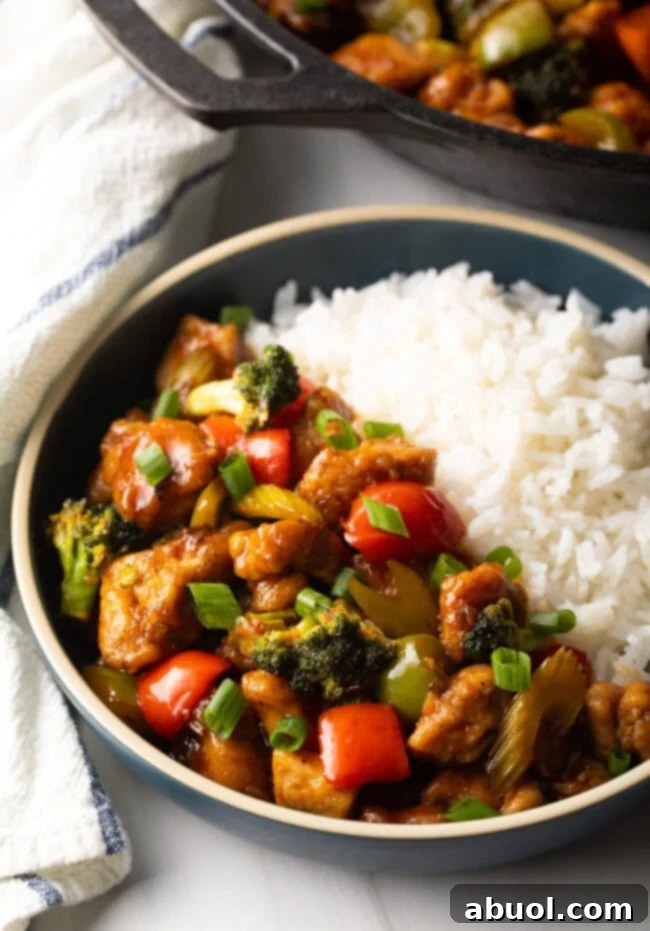 A beautifully plated bowl of Hunan Chicken stir fry served alongside fluffy white rice.