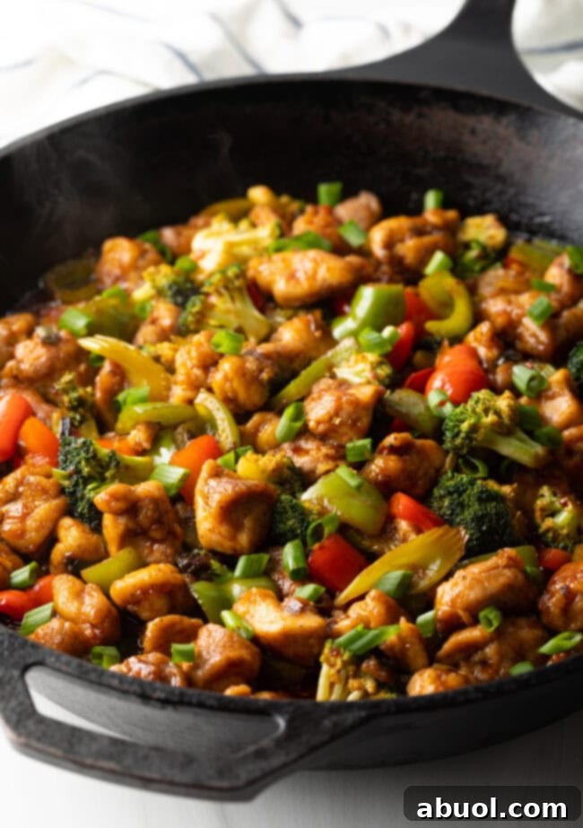 A vibrant and delicious chicken and vegetable stir fry, complete with sauce, sizzling in a cast iron skillet, ready to be served.