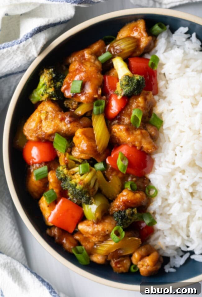 A top-down view of a perfectly balanced bowl, featuring a generous portion of Hunan chicken and white rice, ready to be enjoyed.