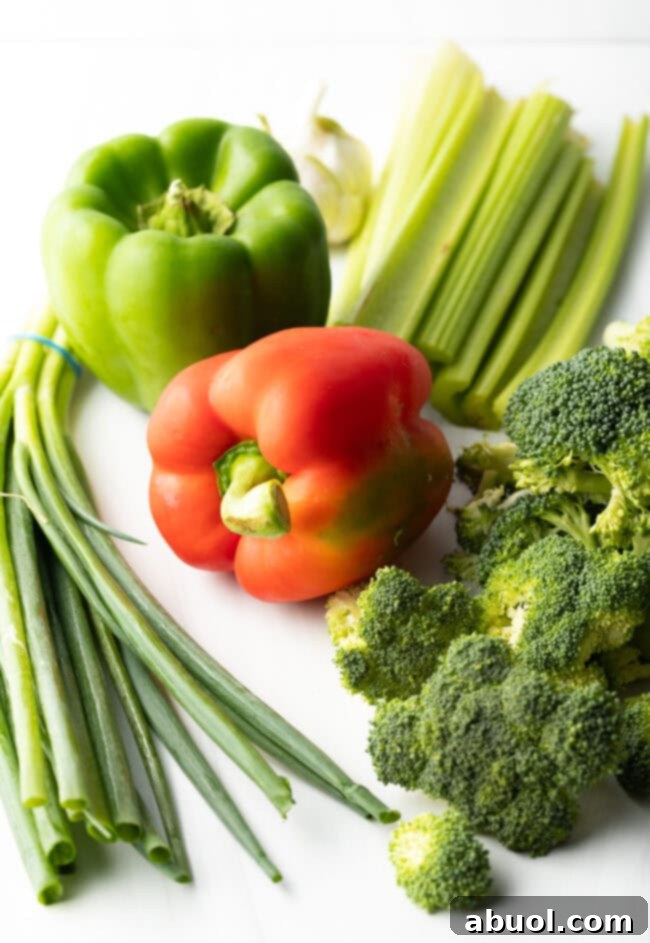 A colorful array of fresh recipe ingredients, including whole green bell pepper, red bell pepper, scallions, celery, and vibrant broccoli florets.