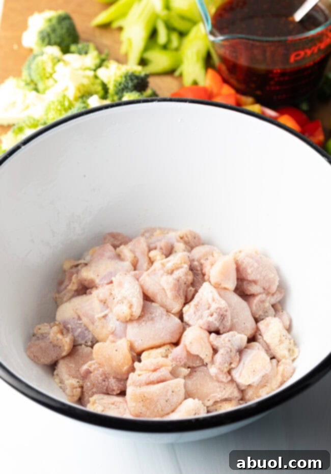 Raw, chopped chicken thigh pieces lightly coated with seasoning, resting in a pristine white mixing bowl.