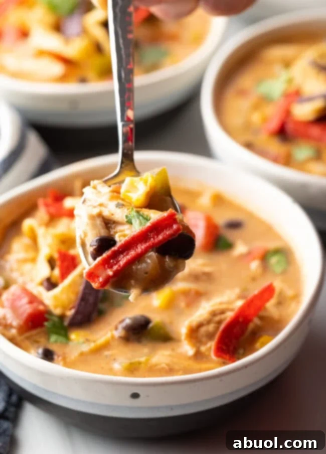 A metal spoon offering a scoop of creamy chicken taco soup directly to the camera, highlighting its texture and inviting appeal.