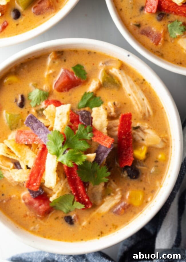 Top-down view of a bowl of slow cooker chicken taco soup, garnished generously with fresh cilantro and vibrant red tortilla strips.