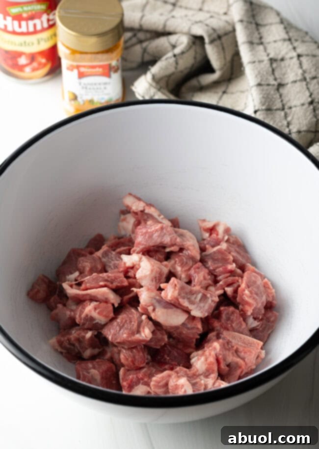 Creamy Lamb Tikka Masala 5 Pieces of lamb meat in a white bowl.