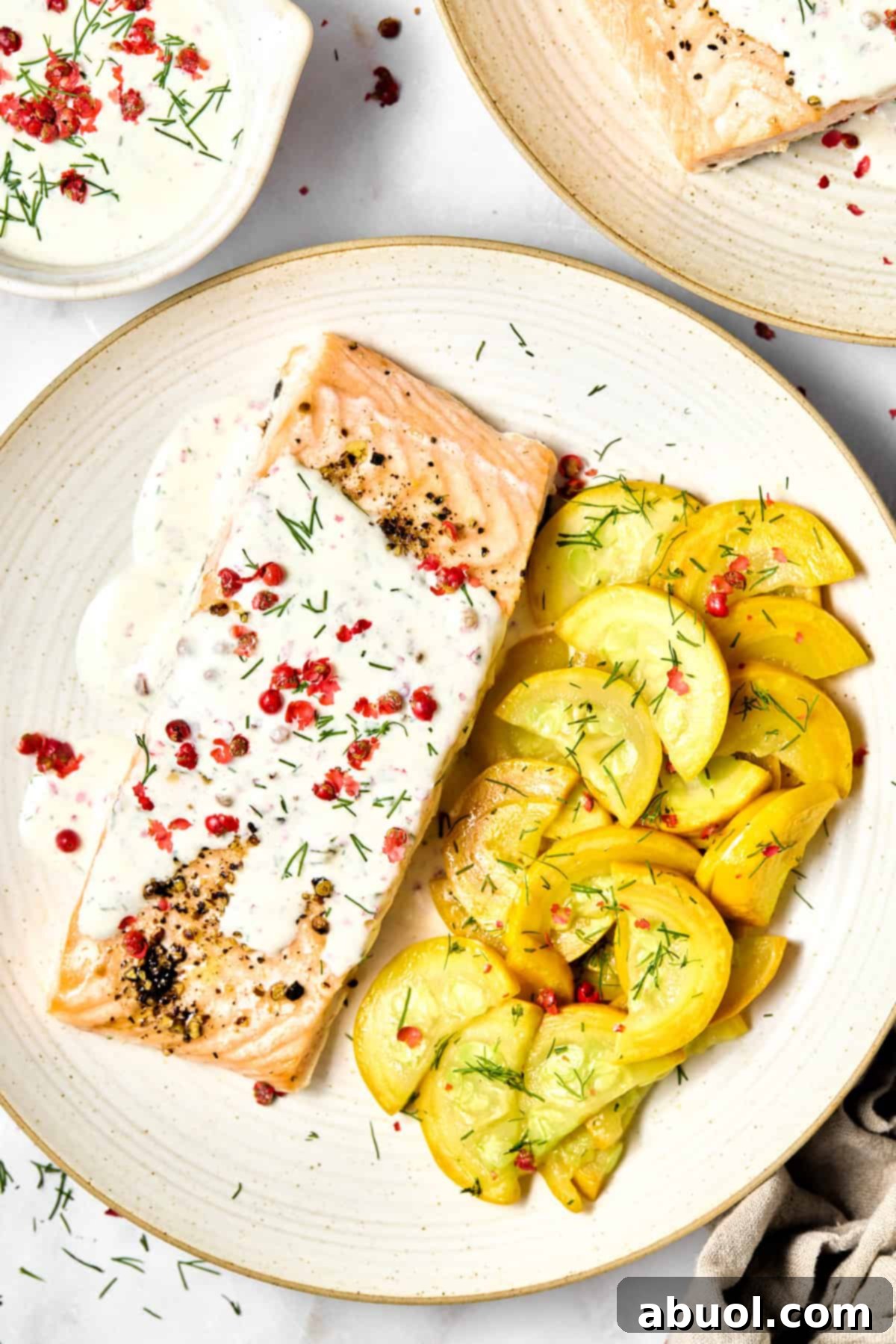 Plate with Oven Roasted Salmon with Pink Peppercorn Sauce with summer squash on the side. 
