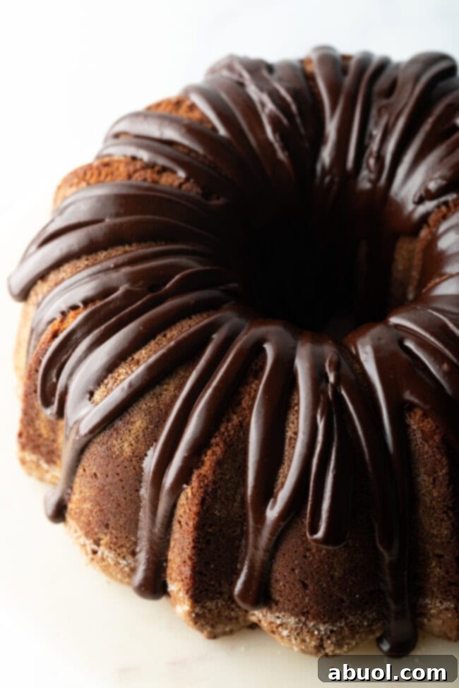 Top down view, circular chocolate sour cream bundt cake with a thick chocolate glaze drizzled on top.