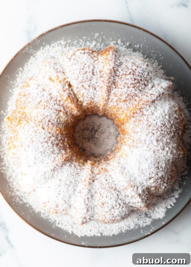 Golden Lemon Olive Oil Cake 4 A beautiful orange or lemon olive oil bundt cake, delicately dusted with powdered sugar, presented on a white serving plate.