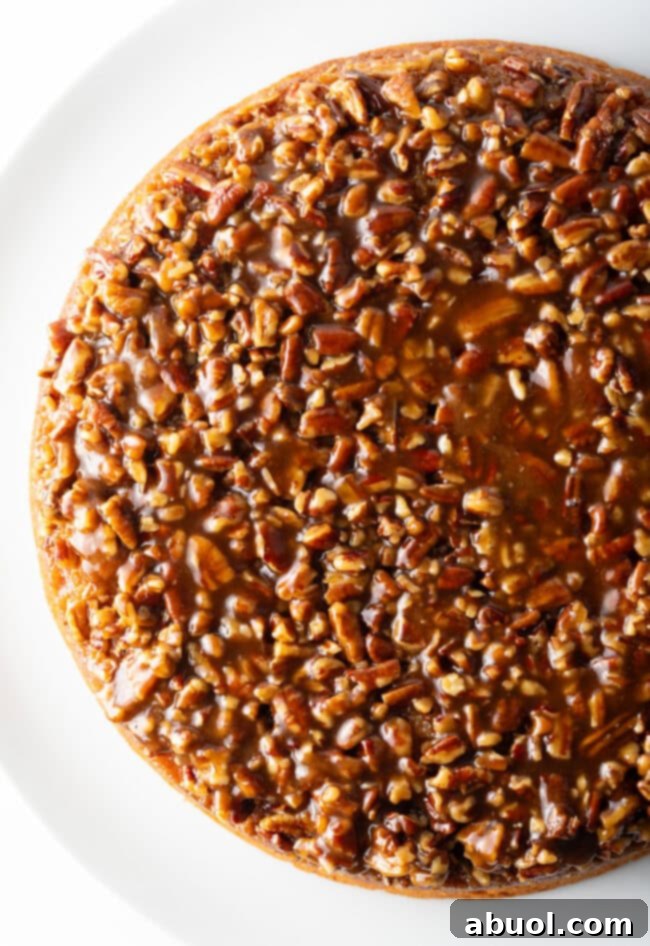 A top-down shot of a whole Pecan Upside Down Cake, highlighting its perfect round shape and glistening, inviting pecan topping.
