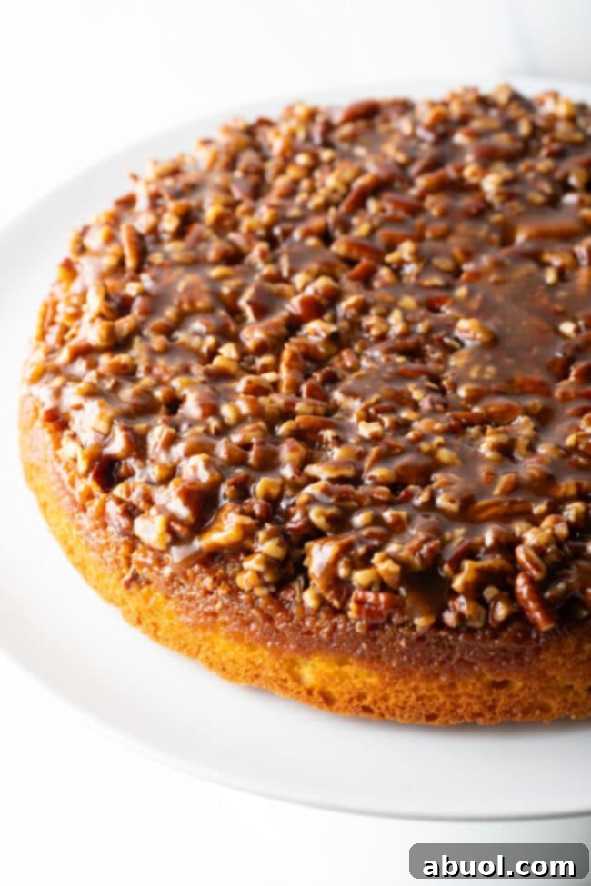 A beautiful side view of the entire Pecan Upside Down Cake after being flipped, revealing its rich, glossy pecan topping.