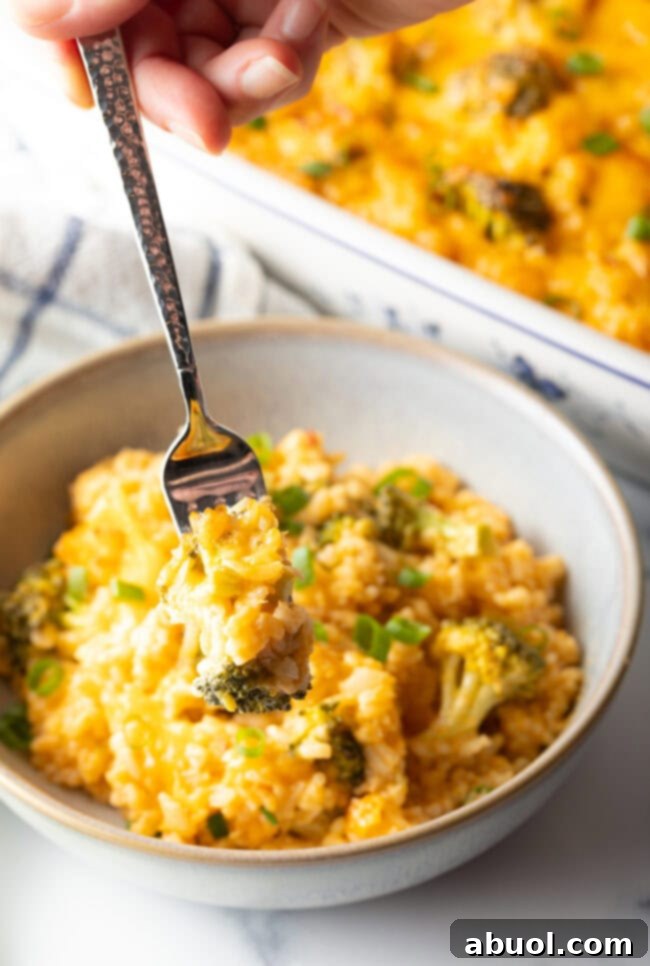 Bowl of broccoli, rice, and cheese casserole. There is a fork in the bowl, taking a portion of rice.