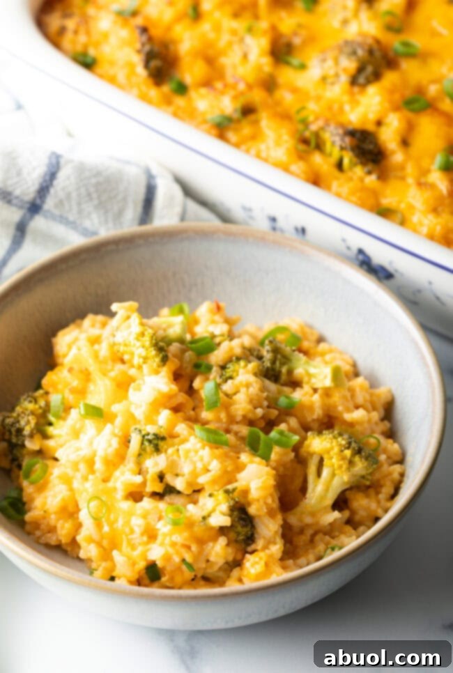 Bowl of broccoli, rice, and cheese casserole.
