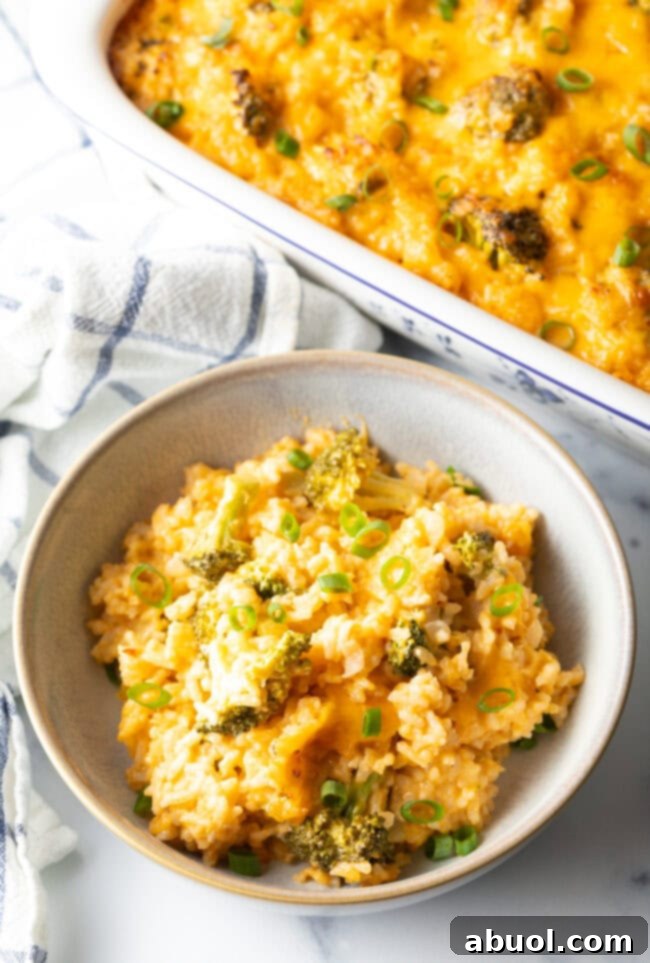 Bowl of broccoli, rice, and cheese casserole.
