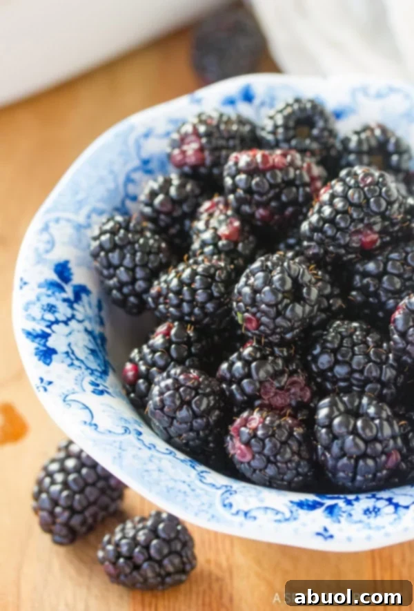 Fresh blackberries piled in a bowl. 