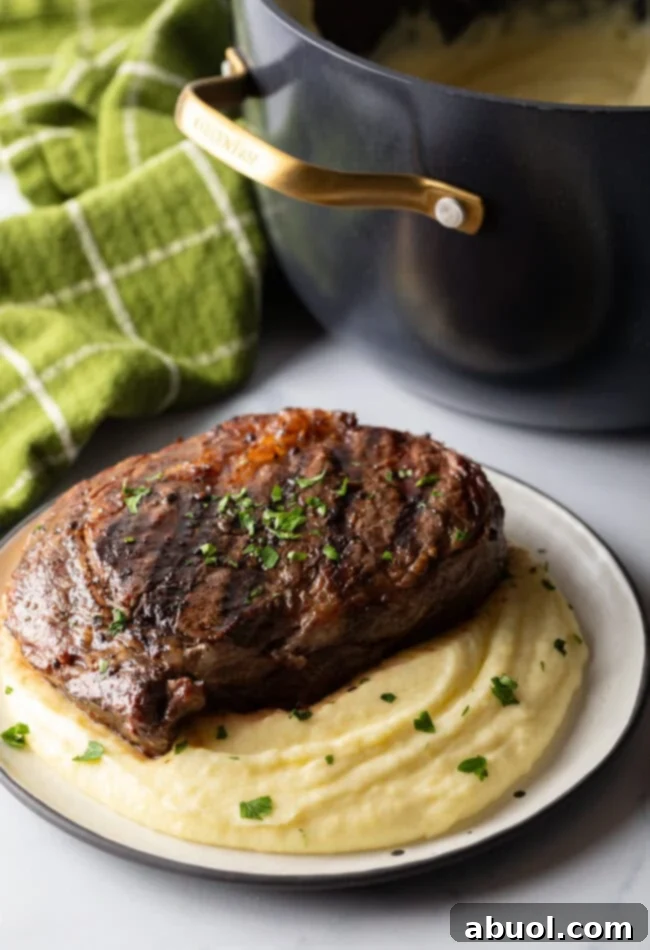 Another view of grilled steak served atop a smooth bed of whipped potatoes.