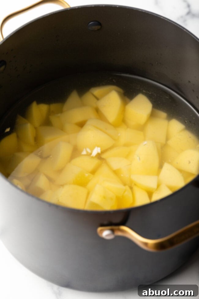 Chopped potatoes and garlic cooking gently in salted water in a large pot on the stovetop.