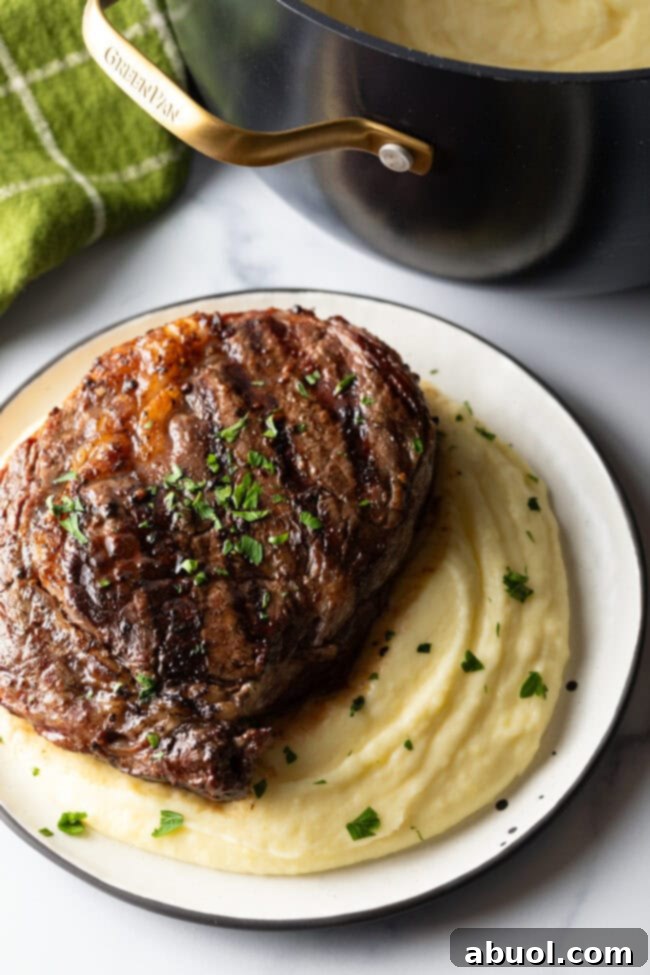 A perfectly cooked grilled steak rests on a generous portion of creamy whipped potatoes, creating a balanced and enticing plate.