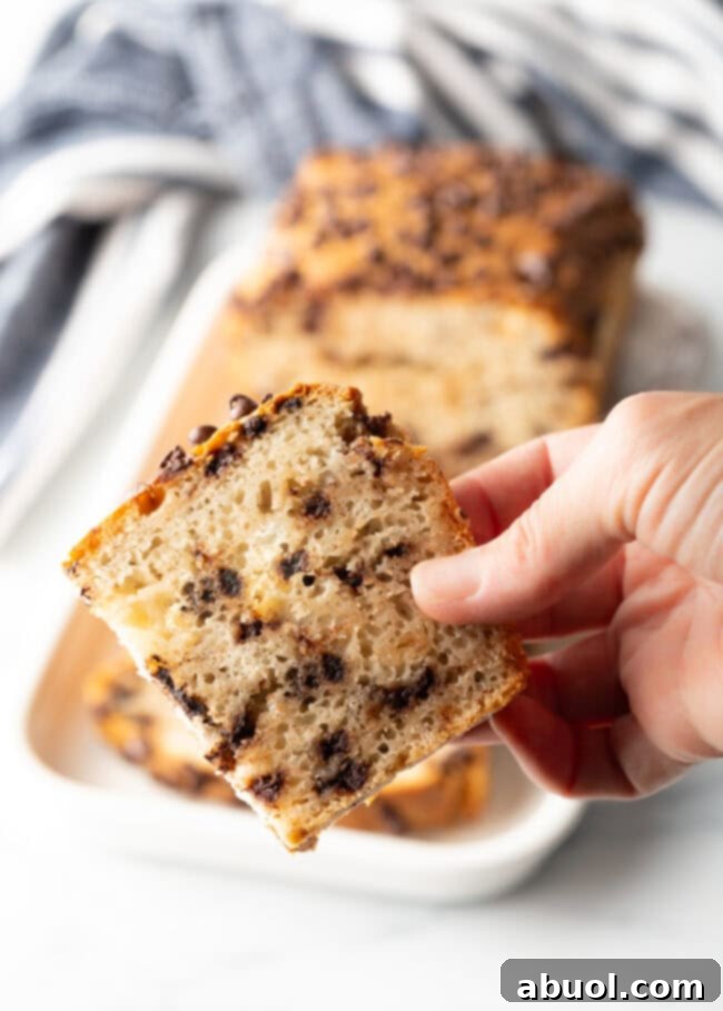 Easy 3-Ingredient Ice Cream Bread 13 Hand holding a slice of chocolate chip ice cream bread.