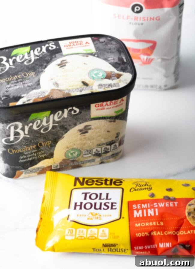 Easy 3-Ingredient Ice Cream Bread 5 Recipe ingredients: container of chocolate chip ice cream. Package of mini chocolate chips.