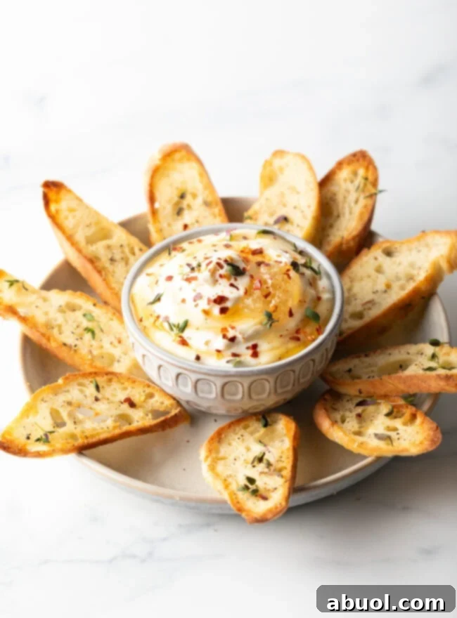A rustic plate showcasing a bowl of creamy whipped ricotta dip, beautifully surrounded by golden-brown toasted baguette slices, ready for serving.