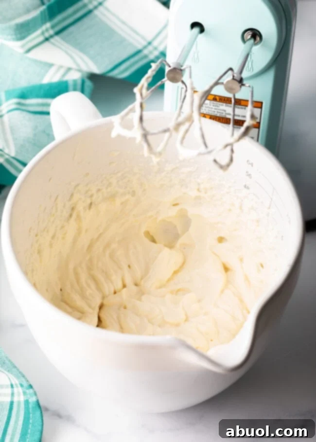 A handheld electric mixer rests beside a white mixing bowl filled with freshly whipped ricotta, showcasing its fluffy, smooth texture after mixing.