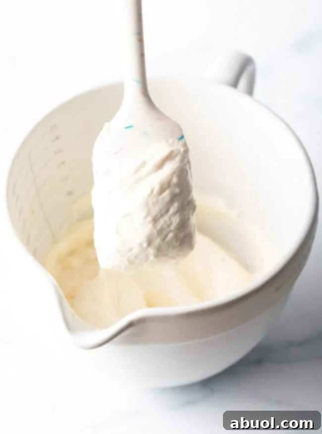 A white spatula holds a generous scoop of perfectly creamy whipped ricotta, with the mixing bowl of the finished dip blurred in the background, highlighting the smooth texture.