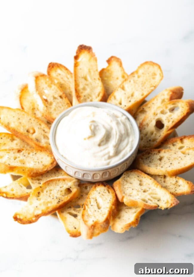 A beautifully presented bowl of whipped ricotta dip, garnished with honey and red pepper flakes, artfully arranged on a plate with toasted baguette slices.