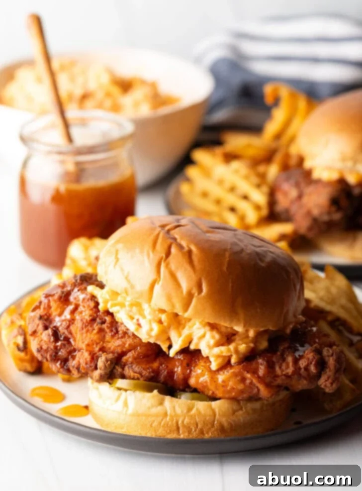 A delectable Honey Pepper Pimento Chicken Sandwich on a plate, with a jar of honey and a second sandwich with waffle fries blurred in the background, highlighting its golden crispiness and vibrant toppings.
