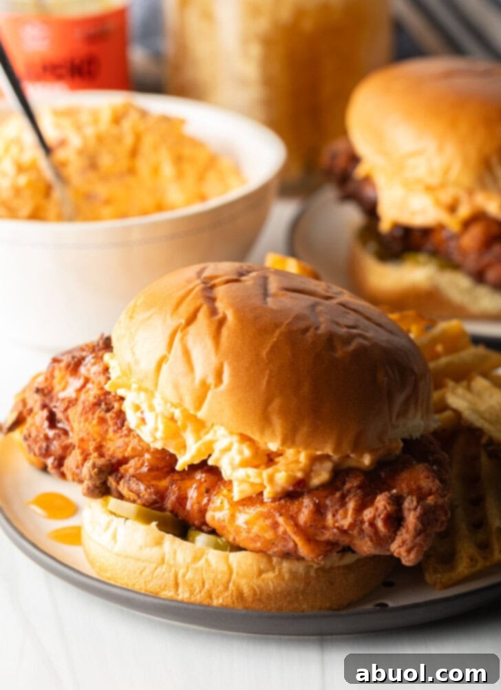 Another enticing view of the Honey Pepper Pimento Chicken Sandwich, artfully arranged on a plate with waffle fries, emphasizing its crispy texture and rich toppings.